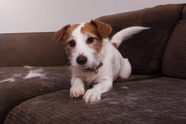 Dog shedding on a sofa.