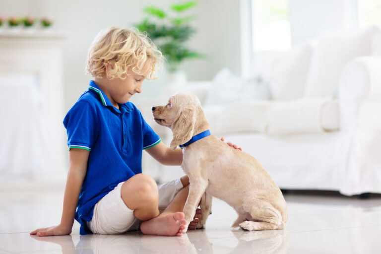 child and puppy