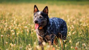 Australian cattle dog standing among tulips