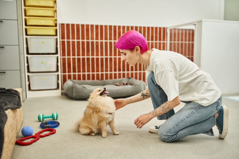 Trainer teaching dog to sit