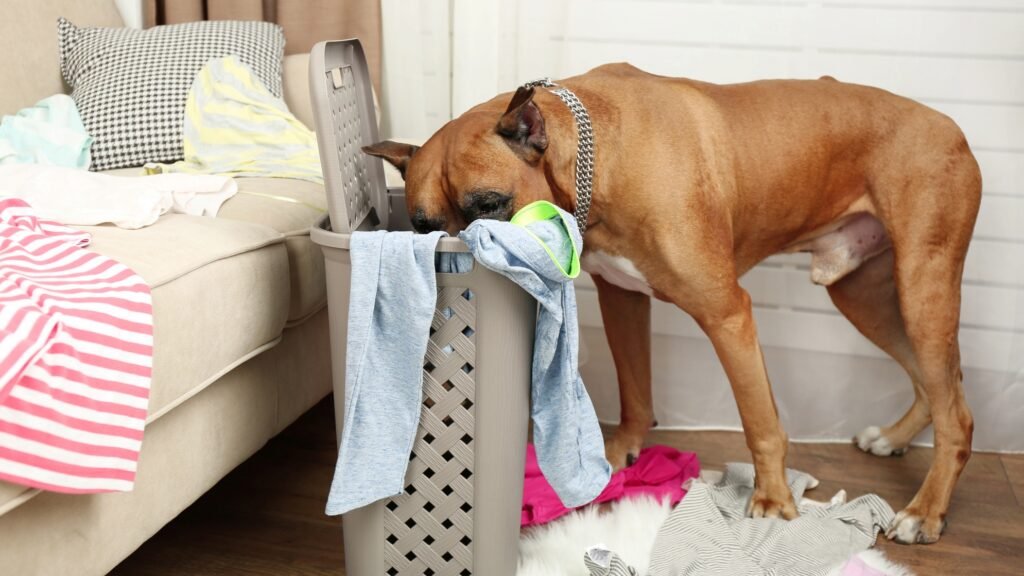 Dog rummaging in laundry basket