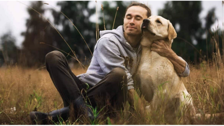 golden retriever hugged by owner
