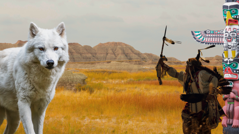 White Wolflike Spirit dog against backdrop of Dakota badlands