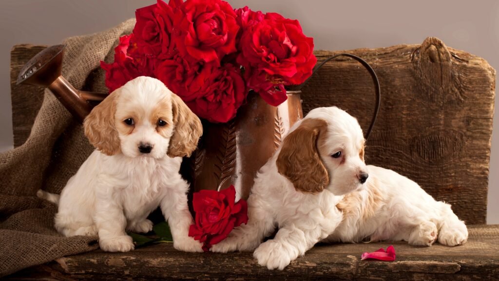 Cocker Spaniel puppies and flower red rose