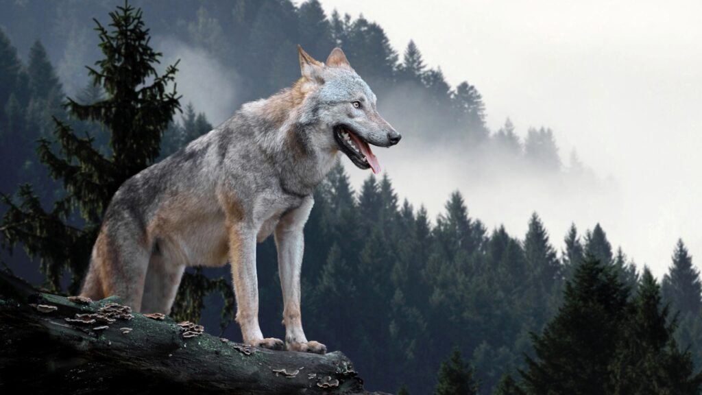 Timber wolf hunting in mountain