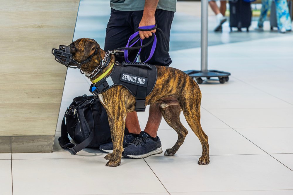 View of airport terminal with owner and muzzled service dog