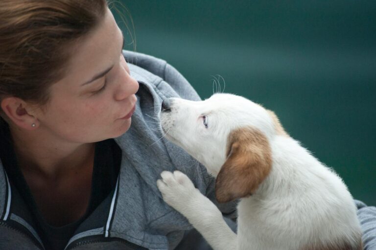 Featured: A candid shot of a woman and puppy sharing a tender moment outdoors.