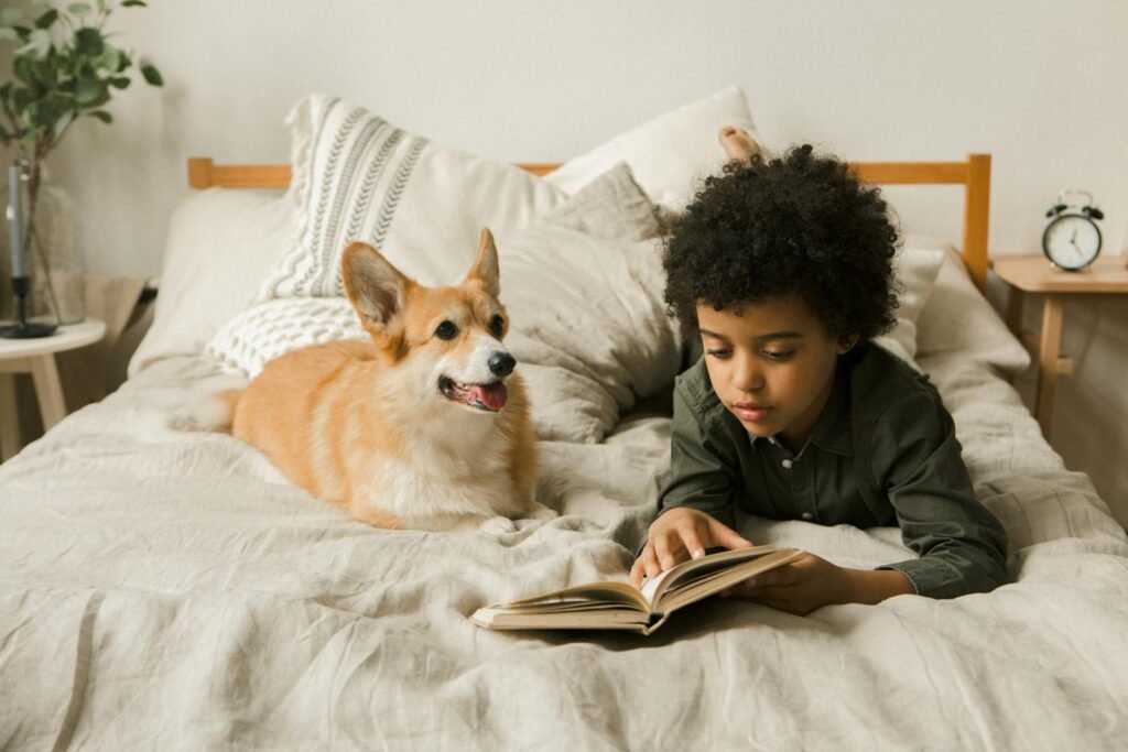 A young boy reads a book on a bed with a corgi dog, creating a cozy and serene indoor atmosphere.