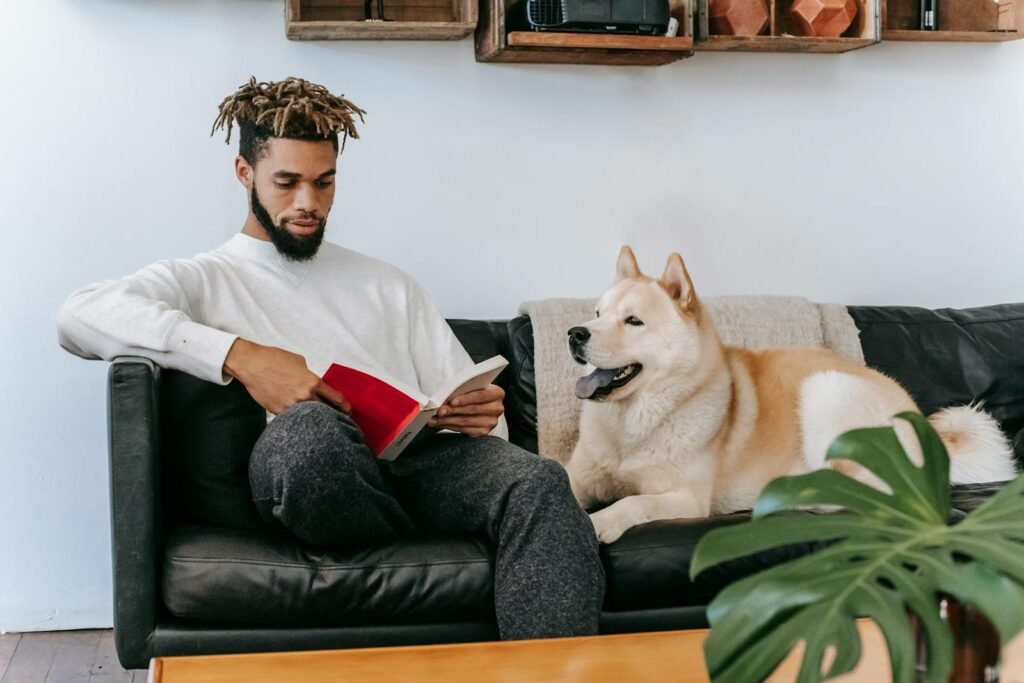 A man sitting on comfortable couch near Akita Inu dog while reading book in living room during weekend