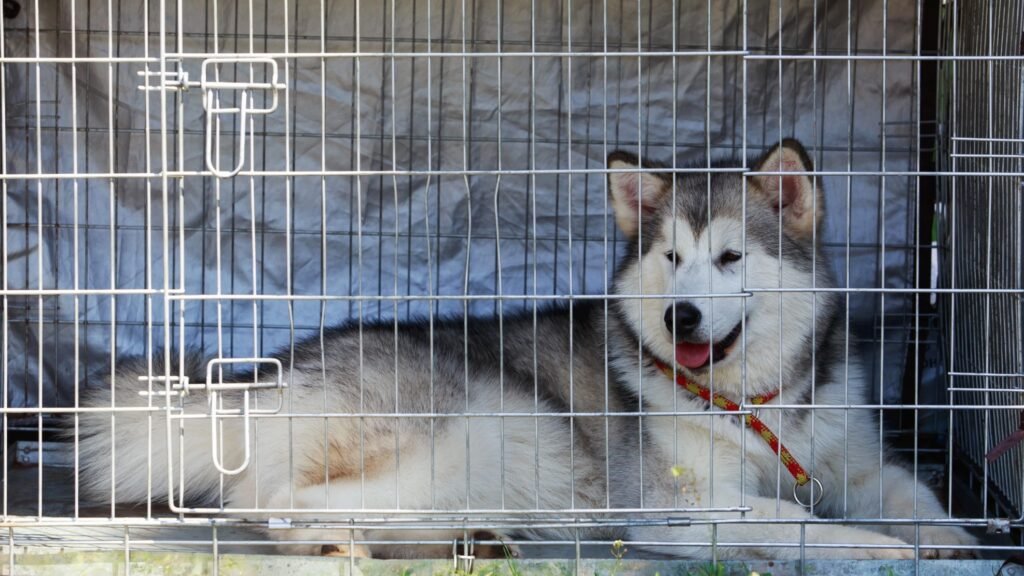 Husky in a crate