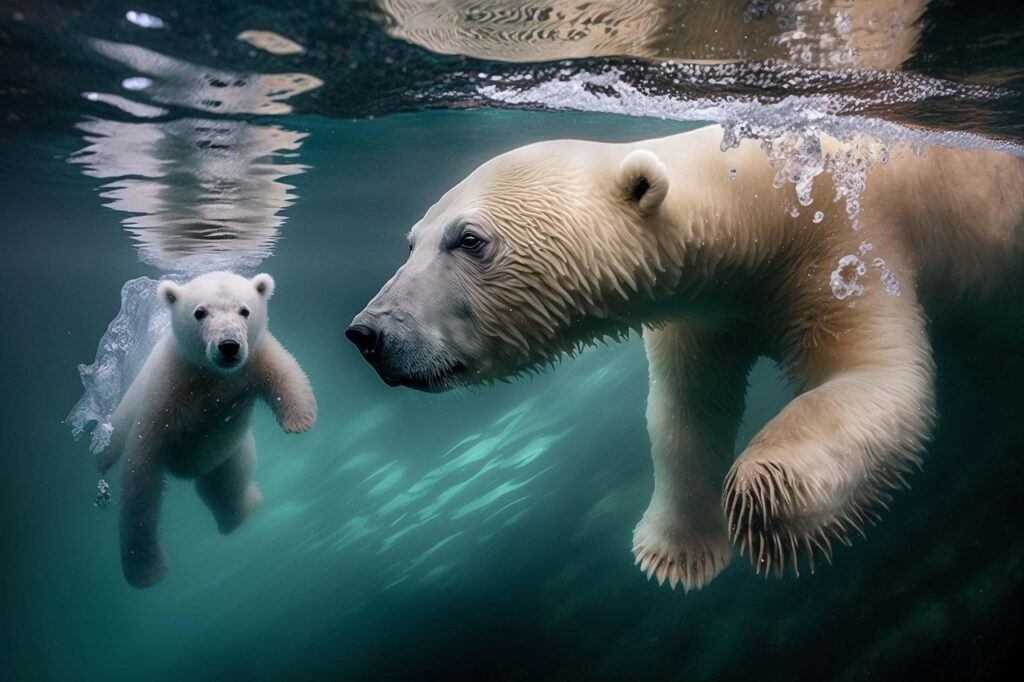 ai-generated, ice bear, polar bear mother, polar bear father, polar bear child, baby polar bear, dive, swim, polar sea