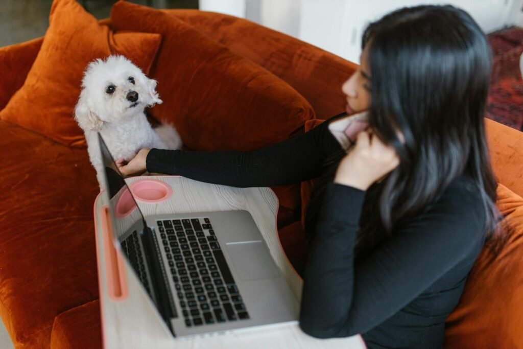 A woman working from home with a laptop and her pet dog on a cozy orange sofa, engaging in remote work.