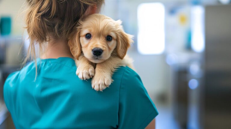 ai generated, dog, puppy, vet, nature, veterinary, pet, doctor, care, medical, health, clinic, professional, person, nurse, gown, animal, examination, healthcare, examining