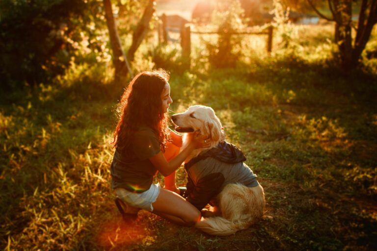 Young girl kneeling and bonding with golden retriever in a sunny, rural meadow.