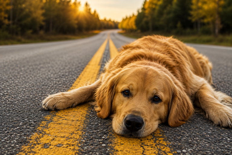 Injured Dog Chained and Lying on Road Looks Up At Rescuer in Gratitude