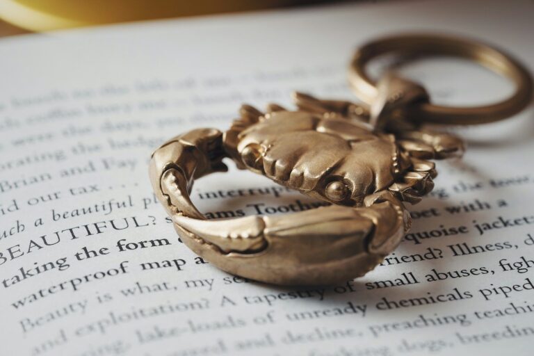 a gold crab ring sitting on top of an open book